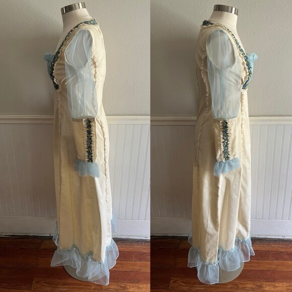 Vtg 60-70s Renaissance Style Dress Peasant Lace Floral Ribbon Cream Light Blue 6 - Picture 4 of 14